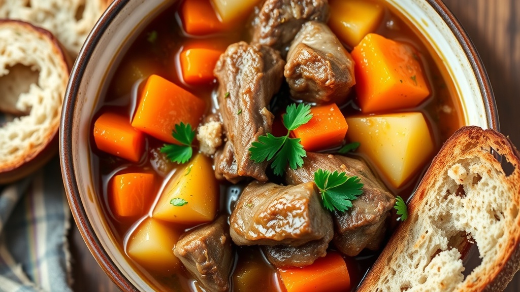 Traditional Irish Lamb Stew Recipe A bowl of traditional Irish lamb stew with lamb, carrots, potatoes, and parsley on a rustic wooden table.